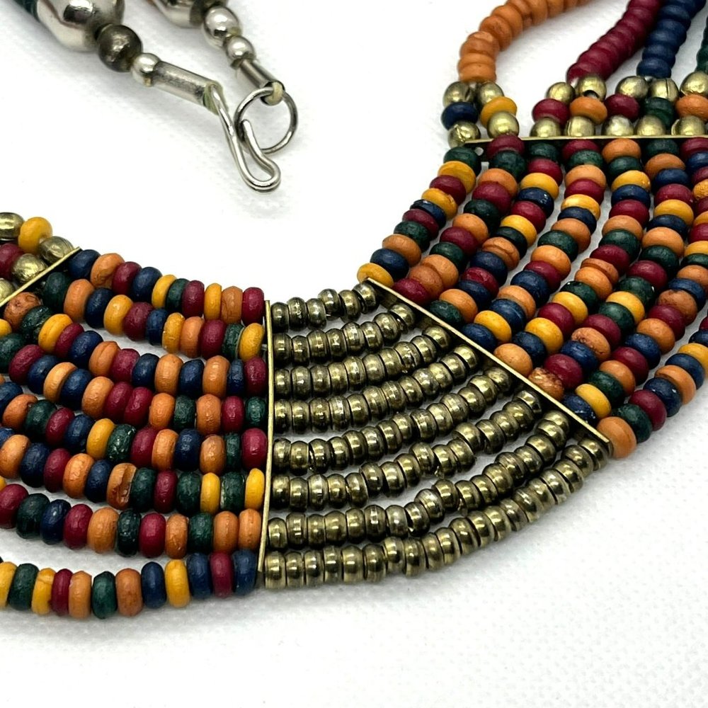 Boho Chic Trendy Multi Strand VTG Blue Red Black Natural Rondelle Bead Necklace - Picture 6 of 8